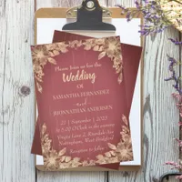 Vintage Red Rustic Wood Gold Flower Wedding Invitation