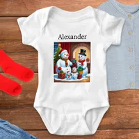 Personalized Name Christmas Snowman Family Picture Baby Bodysuit