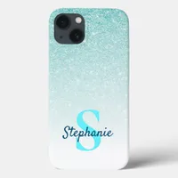 Girly Aqua Blue Glitter Ombre Monogram iPhone 13 Case