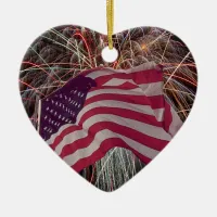 American Flag and Fireworks Ceramic Ornament