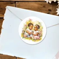 African-American Twin Girl's Baby Shower Classic Round Sticker
