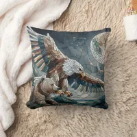 Mosaic Ai Art | Brown Bear and an Eagle Full Moon Throw Pillow