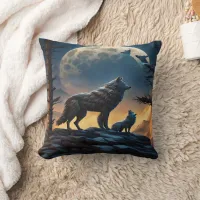 Majestic Wolves Under Full Moon.  Throw Pillow