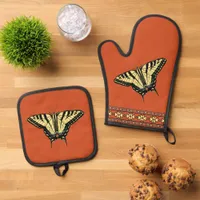 Southwest Yellow Swallowtail Butterfly Dk Orange Oven Mitt & Pot Holder Set