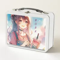 Cute Anime Girl Holding a Boba Tea Metal Lunch Box