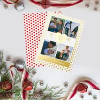 Four Photo Family Name Gold Red Hearts Christmas Foil Holiday Card