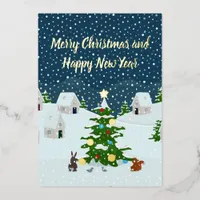 Christmas snow village with christmas tree  foil holiday card