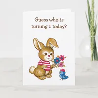 Cute Bunny and Bluebird Kids First Birthday Card