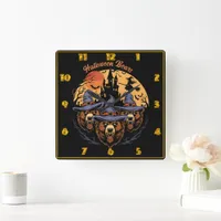 Halloween bears in witch hats at night square wall clock