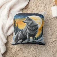 Majestic Wolf Under Moonlit Sky. Throw Pillow