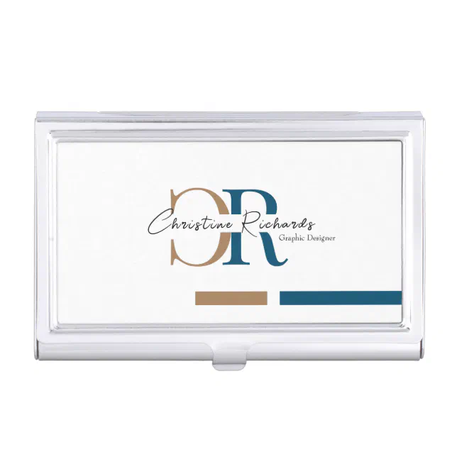 Simple Modern Blue Gold Monogram Business Card Case