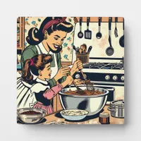 Cute Retro Mom and Daughter Baking Together Plaque