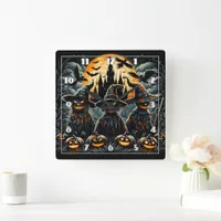 Halloween scarecrow trio in spooky moonlight square wall clock