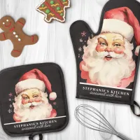 Vintage Watercolor Santa Face Christmas Custom Oven Mitt & Pot Holder Set