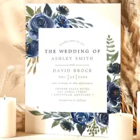 Navy Blue Flowers Watercolor Floral Rustic Wedding Invitation