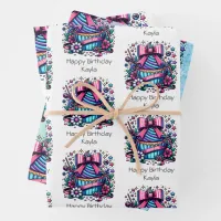 Cute Personalized Purple and Blue Cupcake Birthday Wrapping Paper Sheets