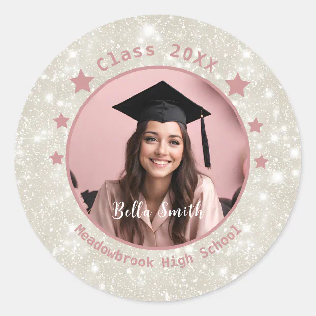 Modern Glitter Photo Graduation  Classic Round Sticker