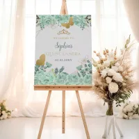 Mint Gold Butterfly Quincea&#241;era Welcome Sign