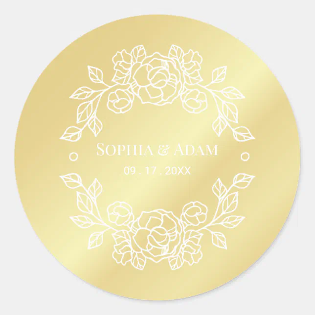 Minimalist Elegant Floral Golden  Classic Round Sticker