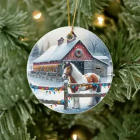 Beautiful Horse on a Christmas Farm Personalized Ceramic Ornament