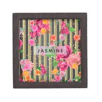 Fancy Stylish Chic Roses On Gold And Black Stripes Gift Box