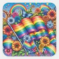 LGBTQIA+ Pride Flags, Rainbows, Flowers Square Sticker