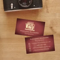 Vintage Elegant Red gold Photographer Camera Business Card