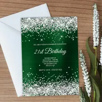 Faux Sparkly Silver Glitter Dark Green Foil Invitation