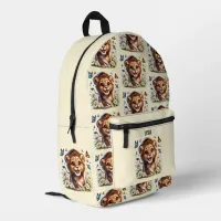 Cute Lion with Daisy Florals, Name kids Printed Backpack