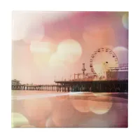 Santa Monica Pier - Sparkling Pink Photo Edit Ceramic Tile