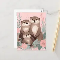 Adorable Otter Boho Pink Rose Mom Dad and Baby Postcard