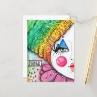 Colorful Rainbow Clown Girl Painting Whimsical Art Postcard