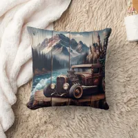 Vintage Car Near a Majestic Mountain Landscape Throw Pillow