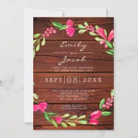 Pink Floral Brown Rustic Wood Country Wedding Announcement