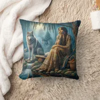 Native American Woman Sitting By Stream With Wolf Throw Pillow