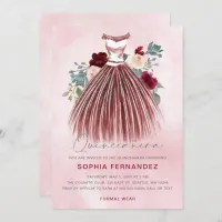 Burgundy Silver glitter Floral Dress Quincea&#241;era Invitation