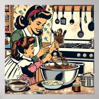 Cute Retro Mom and Daughter Baking Together Poster