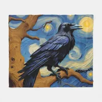 A Raven in an Old Oak Tree Starry Night Fleece Blanket