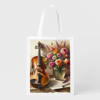 Violin, Sheet Music and a Vase of Flowers  Grocery Bag