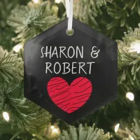 Personalized Black and Red Heart Couple   Glass Ornament