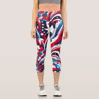 Patriotic Red, White and Blue Fourth of July Capri Leggings