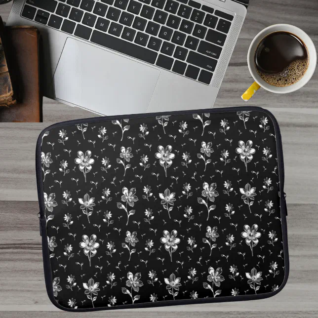 Metallic Flowers Black And White Floral Pattern Laptop Sleeve