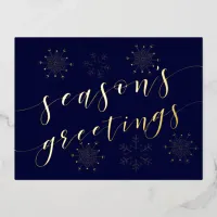 Navy Gold Snowflakes Seasons Greetings  Foil Holiday Postcard