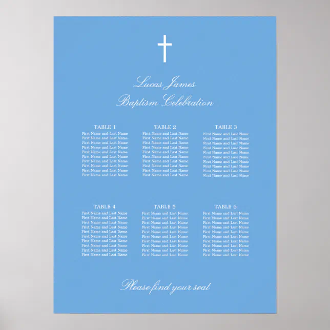 Stylish Blue 6 Table Baptism Seating Chart Poster