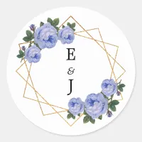 Elegant Gold Glitter Geometric Blue Floral Wedding Classic Round Sticker