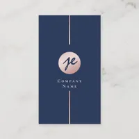 Modern Navy Blue & Blush Pink Rose Gold Monogram Business Card