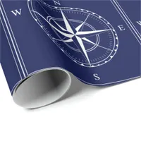 Nautical Navy Blue White Old Ship Compass Design Wrapping Paper