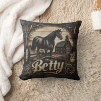 Black Horse at Farm With Name Betty Throw Pillow