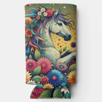 Pretty Whimsical Colorful Flowers and White Horse Seltzer Can Cooler