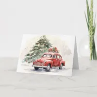 Vintage Style Red Car and Christmas Tree Greeting Card